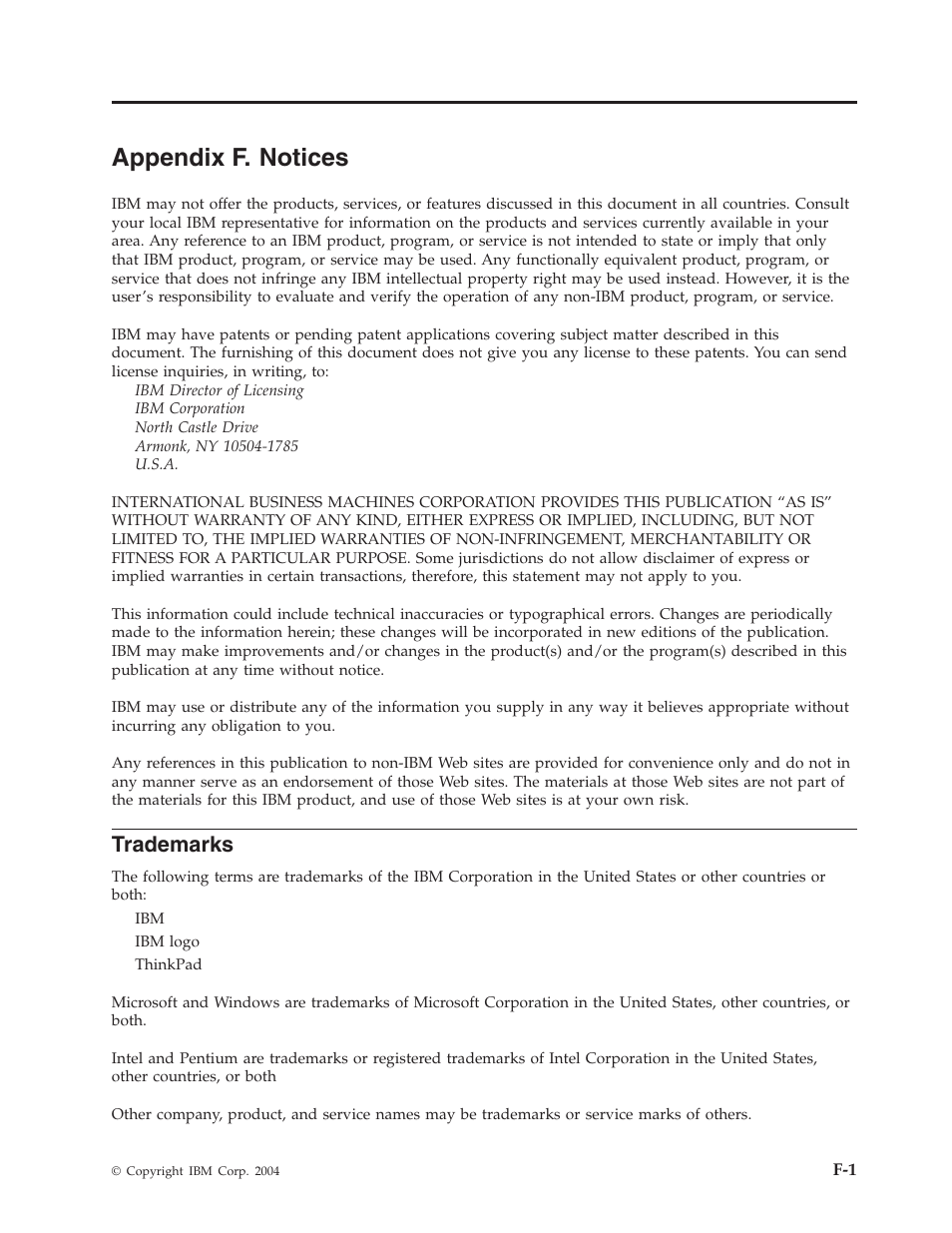 Appendix f. notices, Trademarks, Appendix | Notices | IBM 73P3309 User Manual | Page 59 / 64
