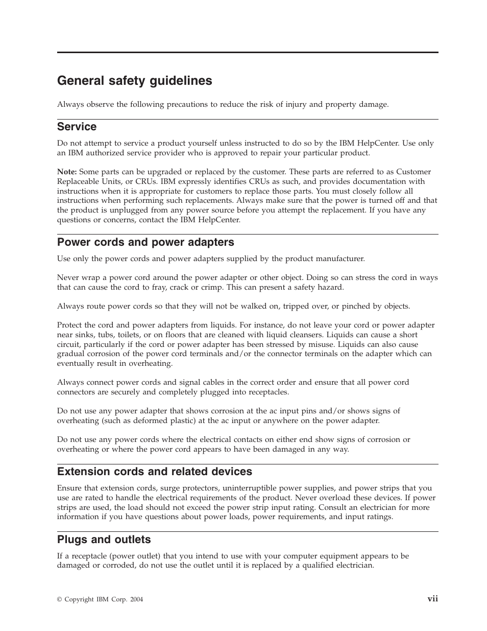 General safety guidelines, Service, Power cords and power adapters | Extension cords and related devices, Plugs and outlets, General, Safety, Guidelines, Power, Cords | IBM 73P3309 User Manual | Page 9 / 64
