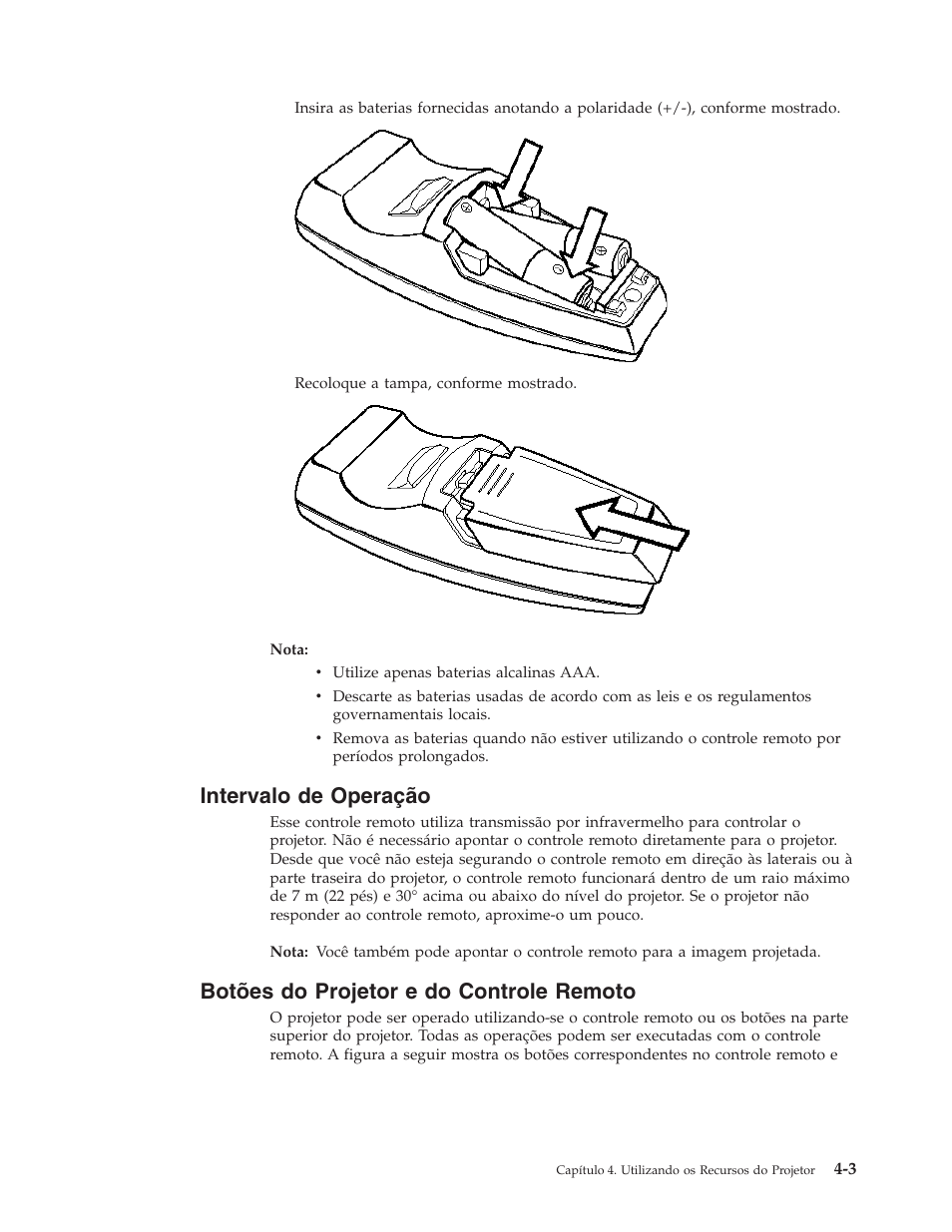 Intervalo de operação, Botões do projetor e do controle remoto, Intervalo | Operação, Botões, Projetor, Controle, Remoto | IBM M400 User Manual | Page 31 / 84