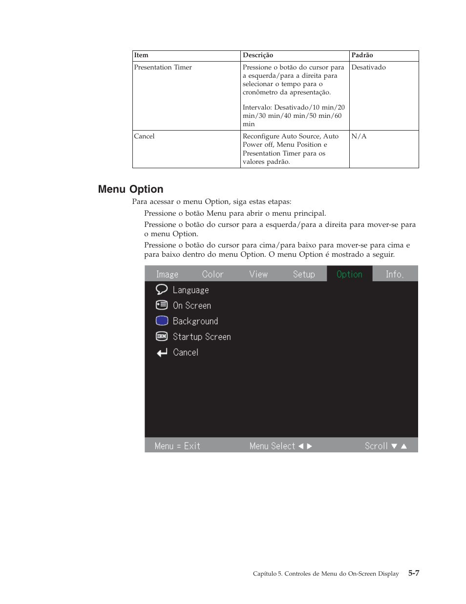 Menu option, Menu, Option | IBM M400 User Manual | Page 39 / 84