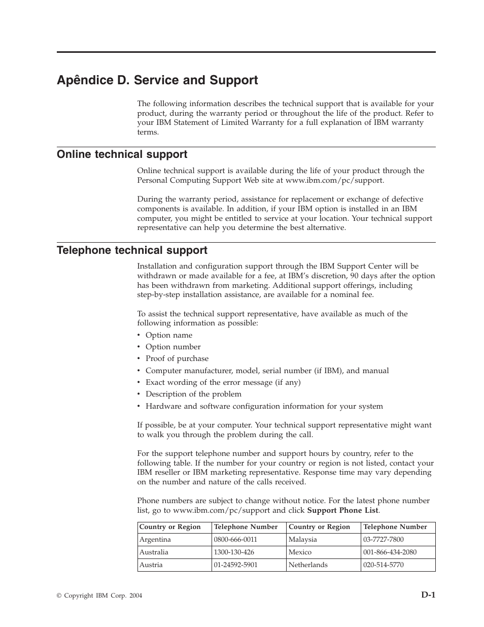 Apêndice d. service and support, Online technical support, Telephone technical support | Apêndice, Service, Support, D-1and, Online, Technical, Telephone | IBM M400 User Manual | Page 57 / 84