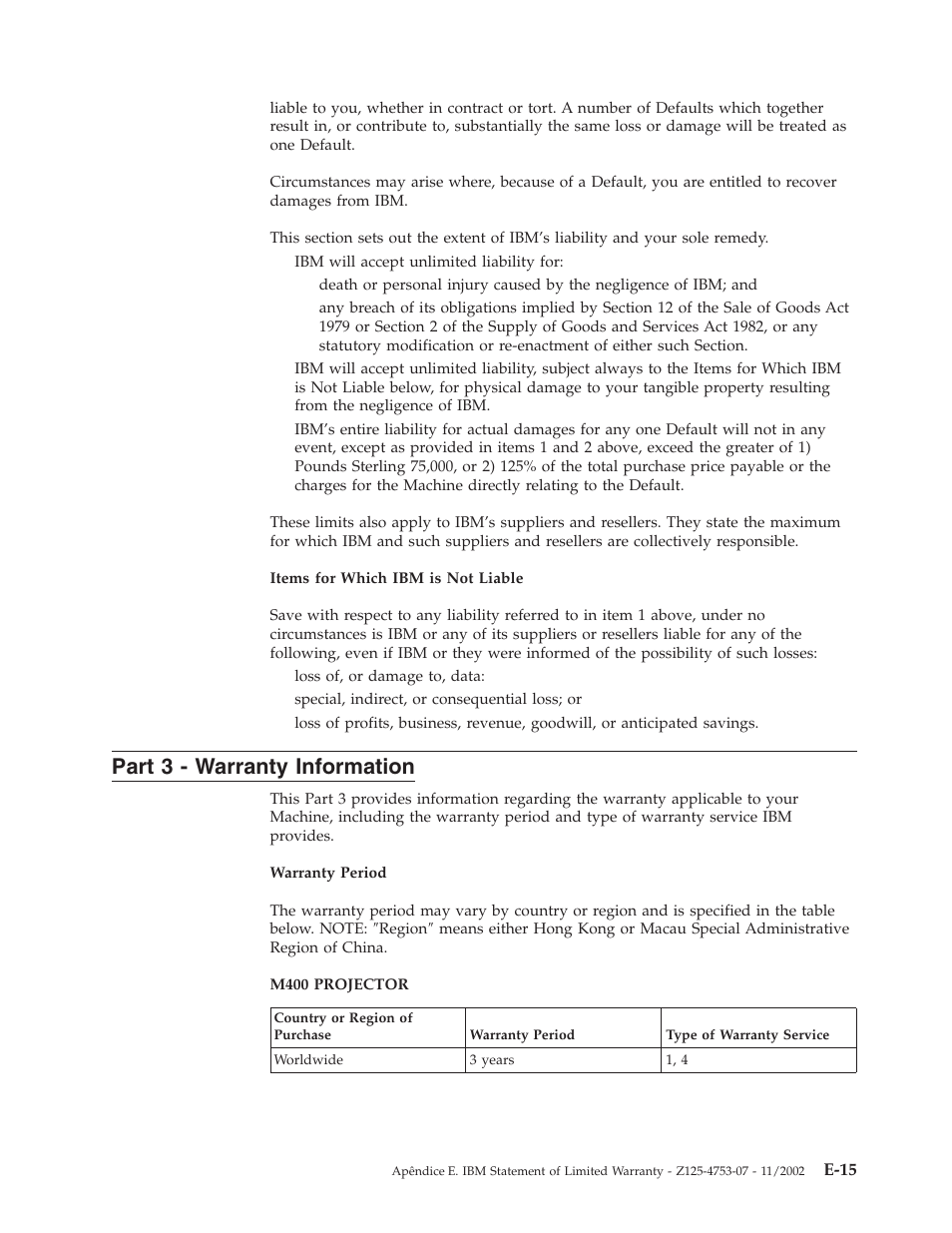 Part 3 - warranty information, Part, Warranty | Information, E-15 | IBM M400 User Manual | Page 73 / 84