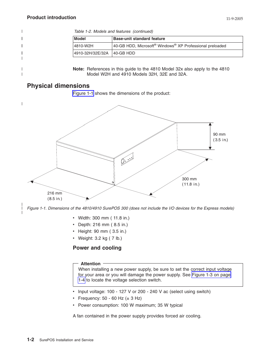 Physical dimensions, Power and cooling, Physical | Dimensions, Surepos, Does, Include, Devices, Express, Models) | IBM 32x User Manual | Page 16 / 68