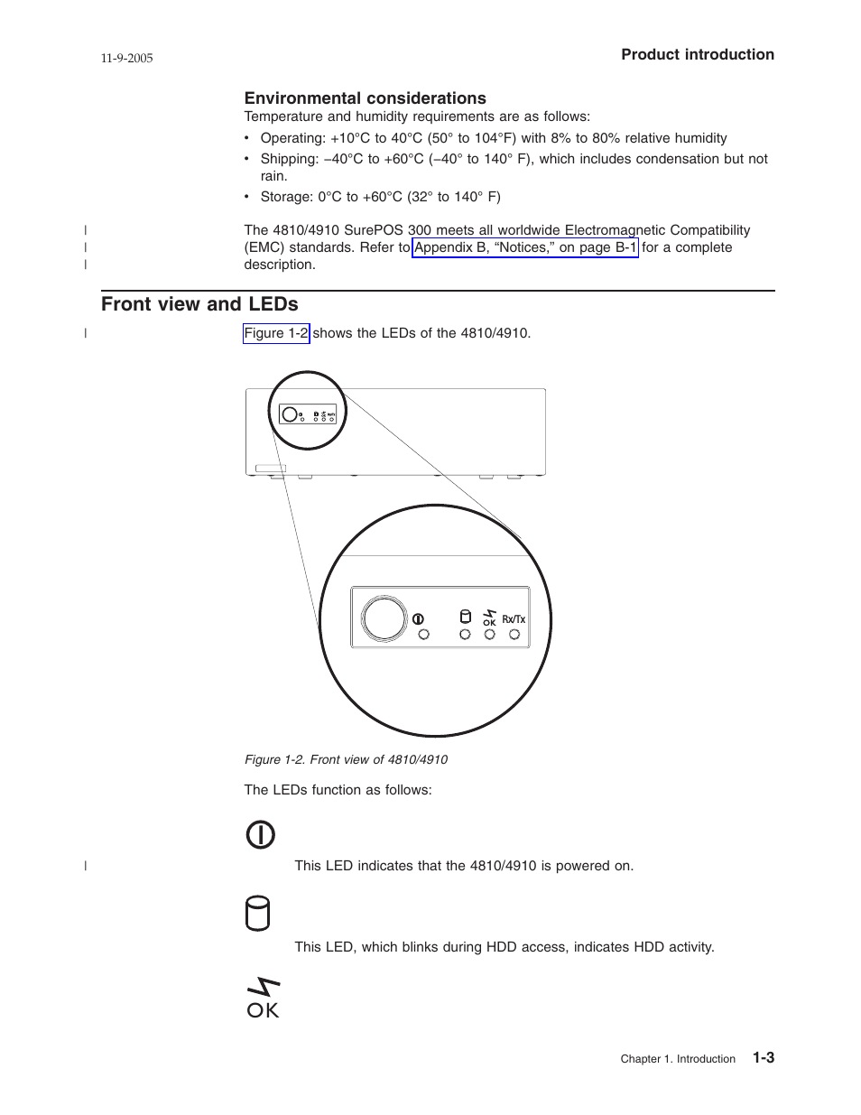 Environmental considerations, Front view and leds, Front | View, Leds, Environmental, Considerations | IBM 32x User Manual | Page 17 / 68