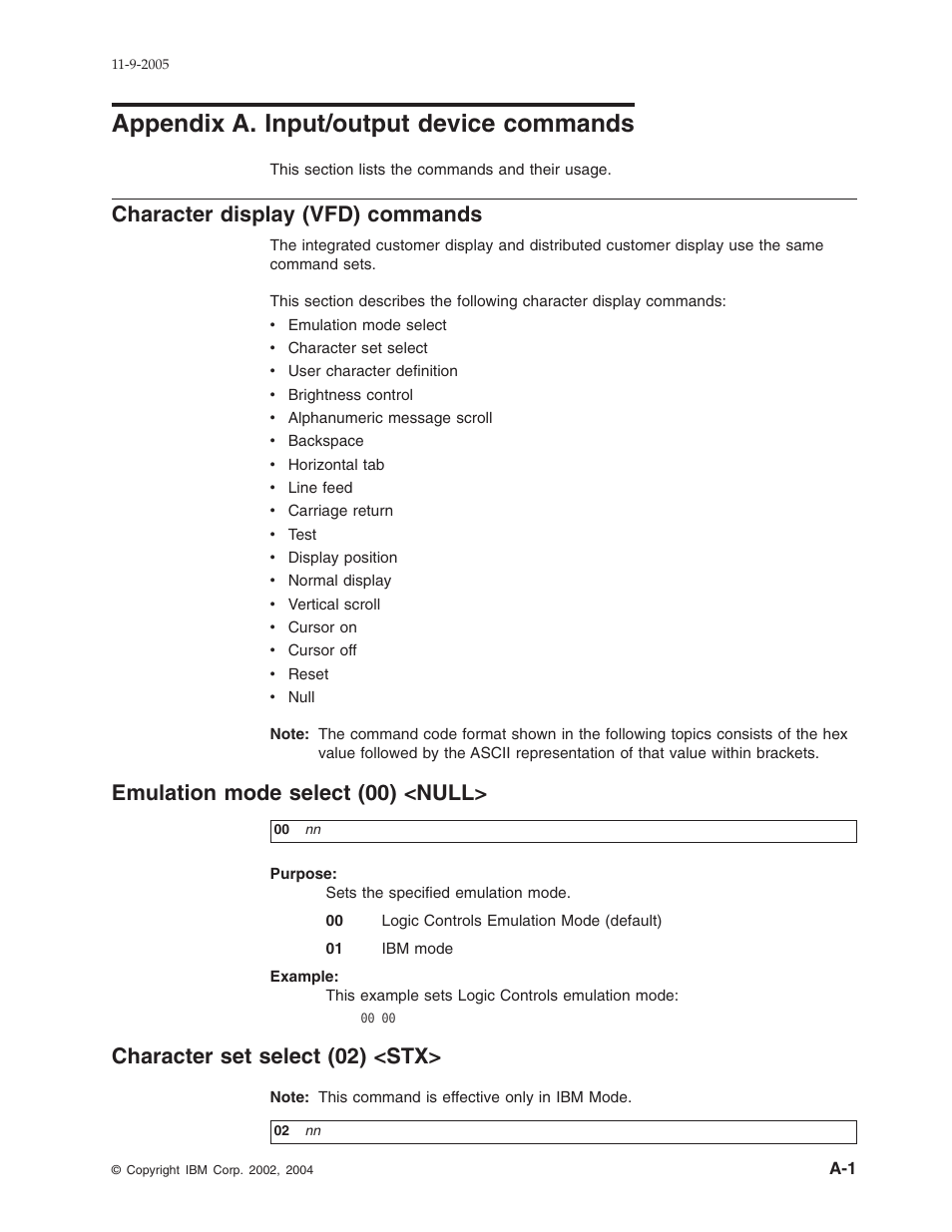 Appendix a. input/output device commands, Character display (vfd) commands, Emulation mode select (00) <null | Character set select (02) <stx, Appendix, Input/output, Device, Commands, Character, Display | IBM 32x User Manual | Page 33 / 68