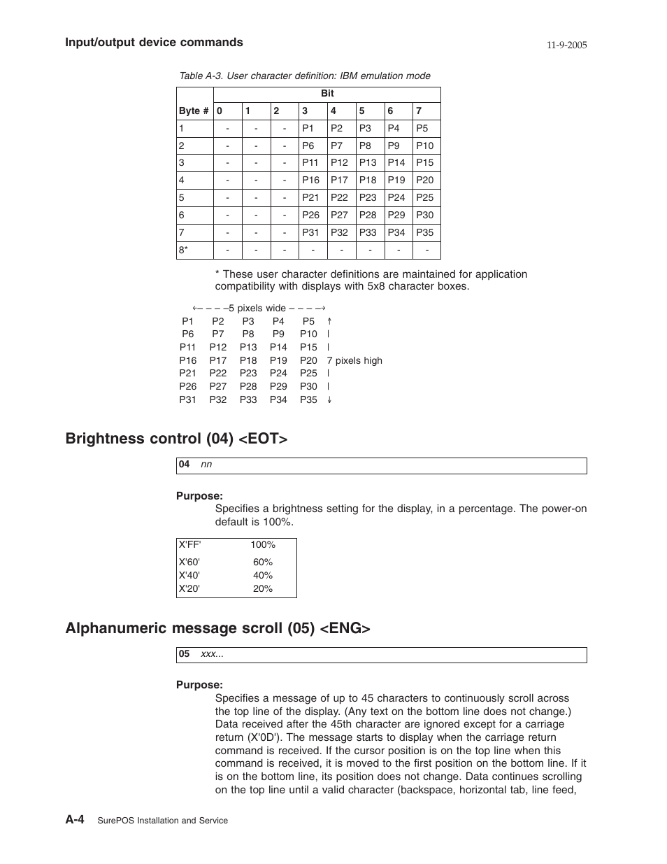 Brightness control (04) <eot, Alphanumeric message scroll (05) <eng, Brightness | Control, Alphanumeric, Message, Scroll, Table | IBM 32x User Manual | Page 36 / 68