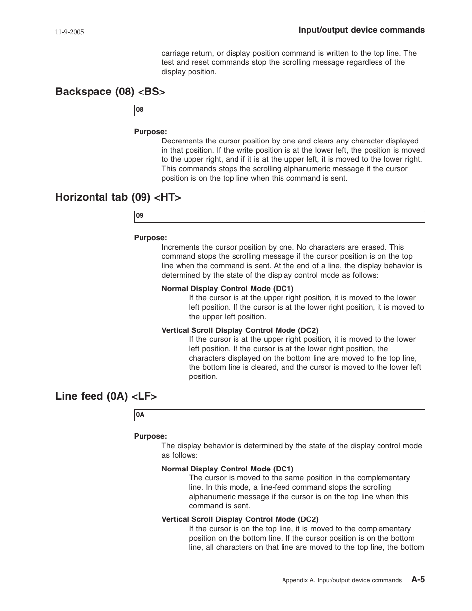 Backspace (08) <bs, Horizontal tab (09) <ht, Line feed (0a) <lf | Backspace, Horizontal, Line, Feed | IBM 32x User Manual | Page 37 / 68