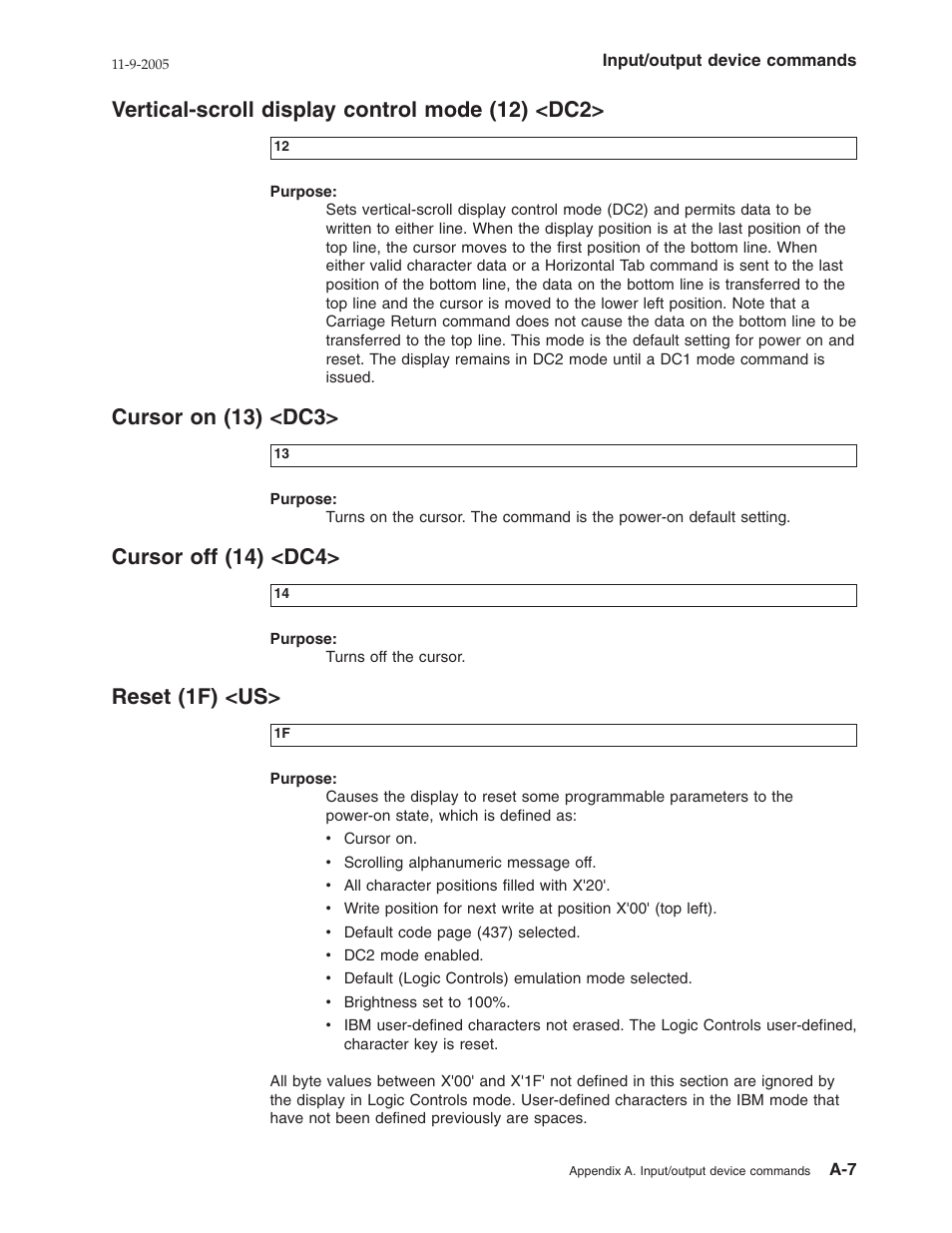 Vertical-scroll display control mode (12) <dc2, Cursor on (13) <dc3, Cursor off (14) <dc4 | Reset (1f) <us, Vertical-scroll, Display, Control, Mode, Cursor, Reset | IBM 32x User Manual | Page 39 / 68
