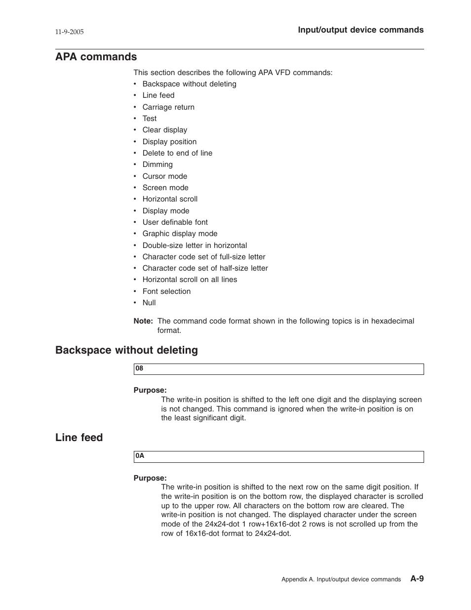 Apa commands, Backspace without deleting, Line feed | Commands, Backspace, Without, Deleting, Line, Feed | IBM 32x User Manual | Page 41 / 68