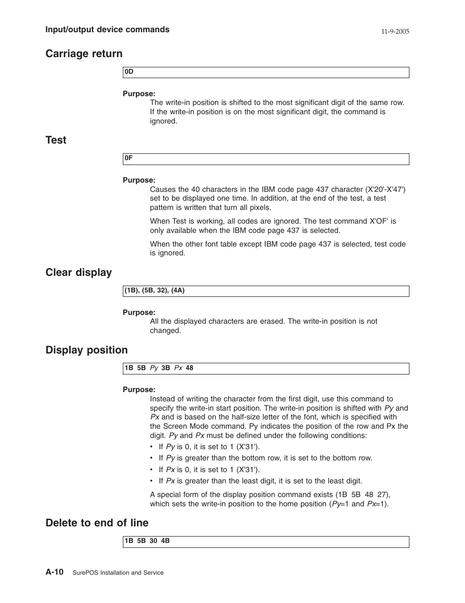 Carriage return, Test, Clear display | Display position, Delete to end of line, Carriage, Return, A-10, Clear, Display | IBM 32x User Manual | Page 42 / 68