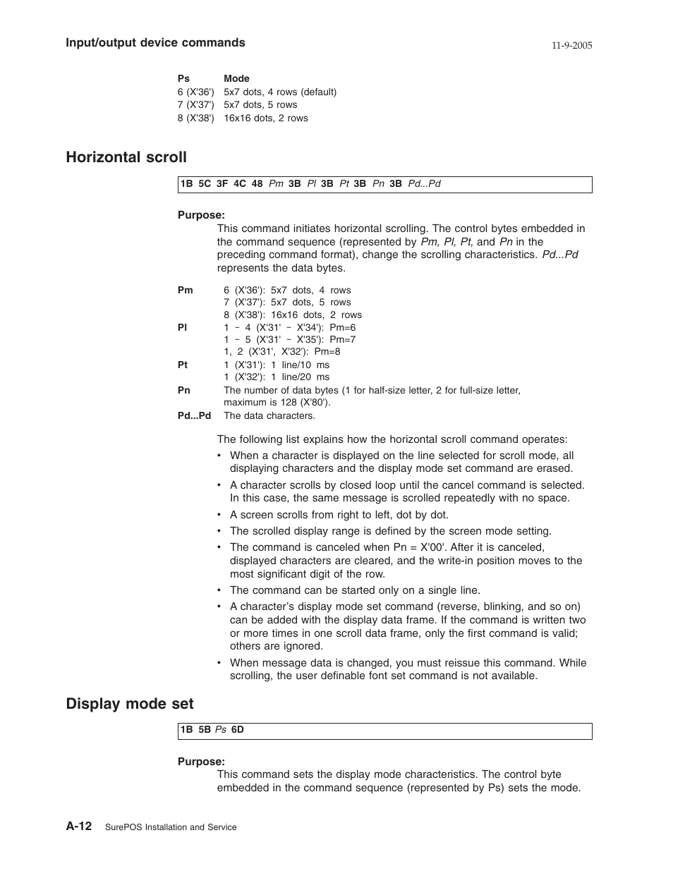 Horizontal scroll, Display mode set, Horizontal | Scroll, A-12, Display, Mode | IBM 32x User Manual | Page 44 / 68