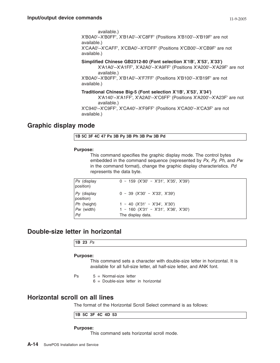 Graphic display mode, Double-size letter in horizontal, Horizontal scroll on all lines | Graphic, Display, Mode, A-14, Double-size, Letter, Horizontal | IBM 32x User Manual | Page 46 / 68