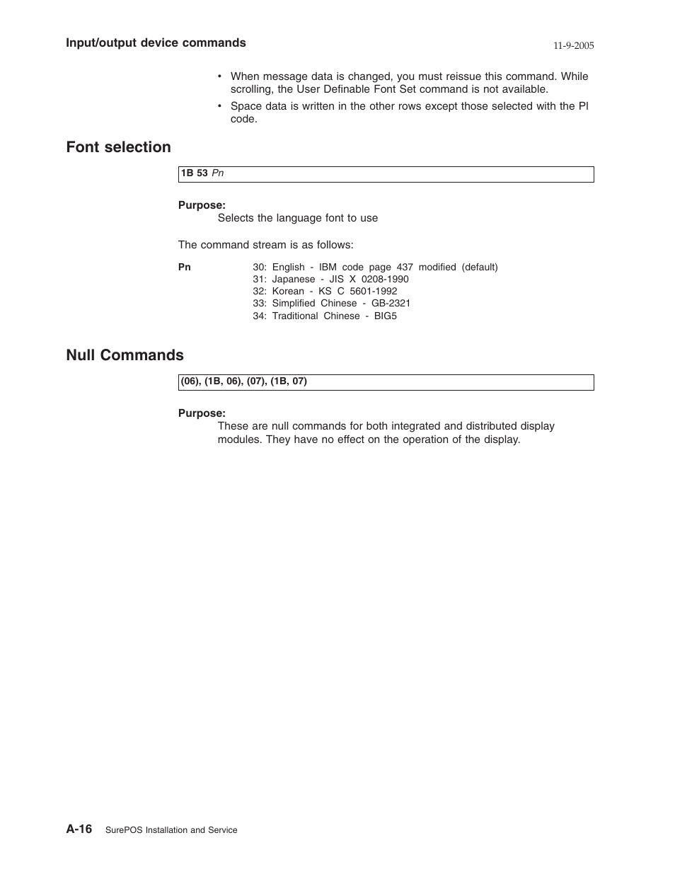 Font selection, Null commands, Font | Selection, A-16, Null, Commands | IBM 32x User Manual | Page 48 / 68
