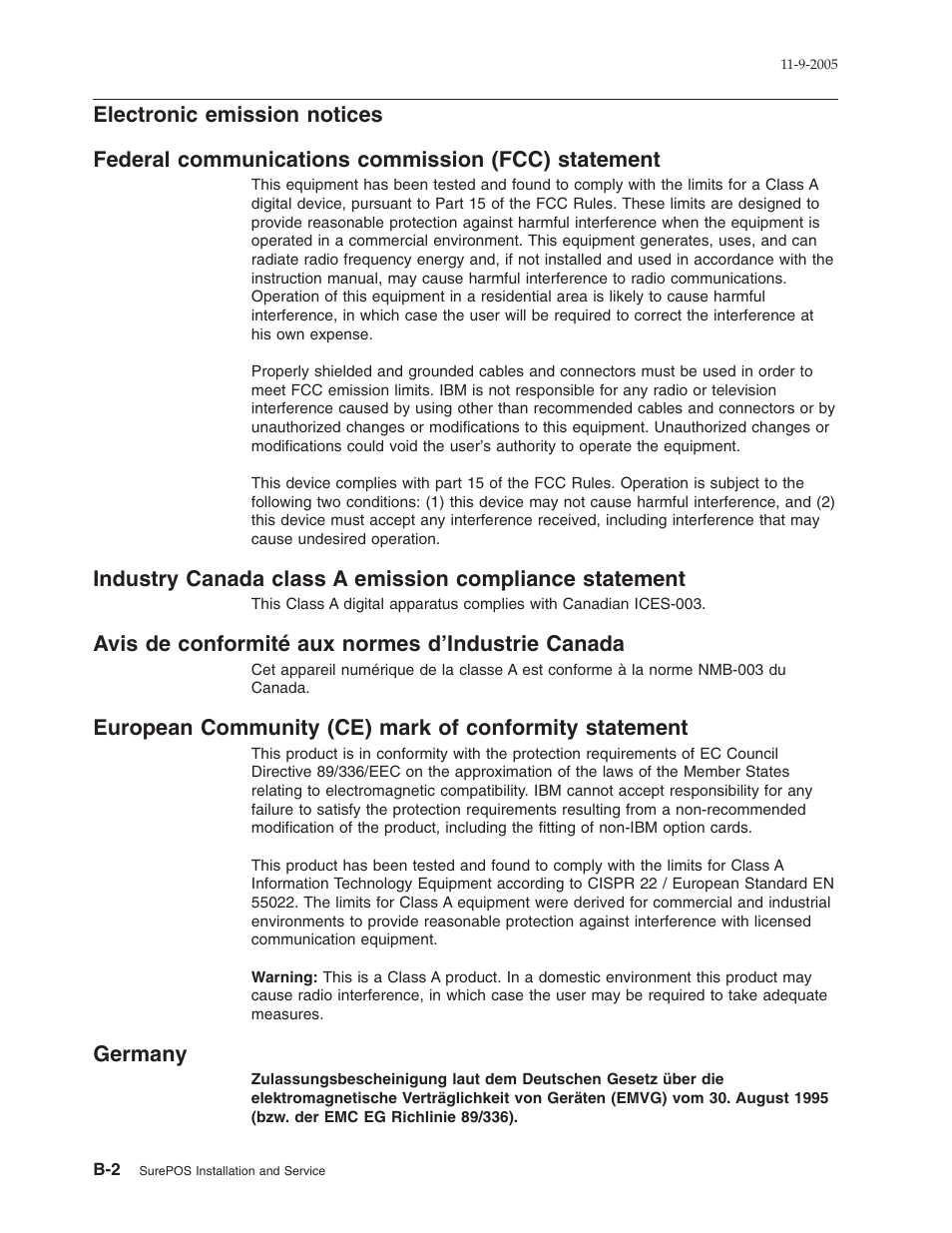 Electronic emission notices, Federal communications commission (fcc) statement, Avis de conformité aux normes d'industrie canada | Germany, Electronic, Emission, Notices, Federal, Communications, Commission | IBM 32x User Manual | Page 50 / 68
