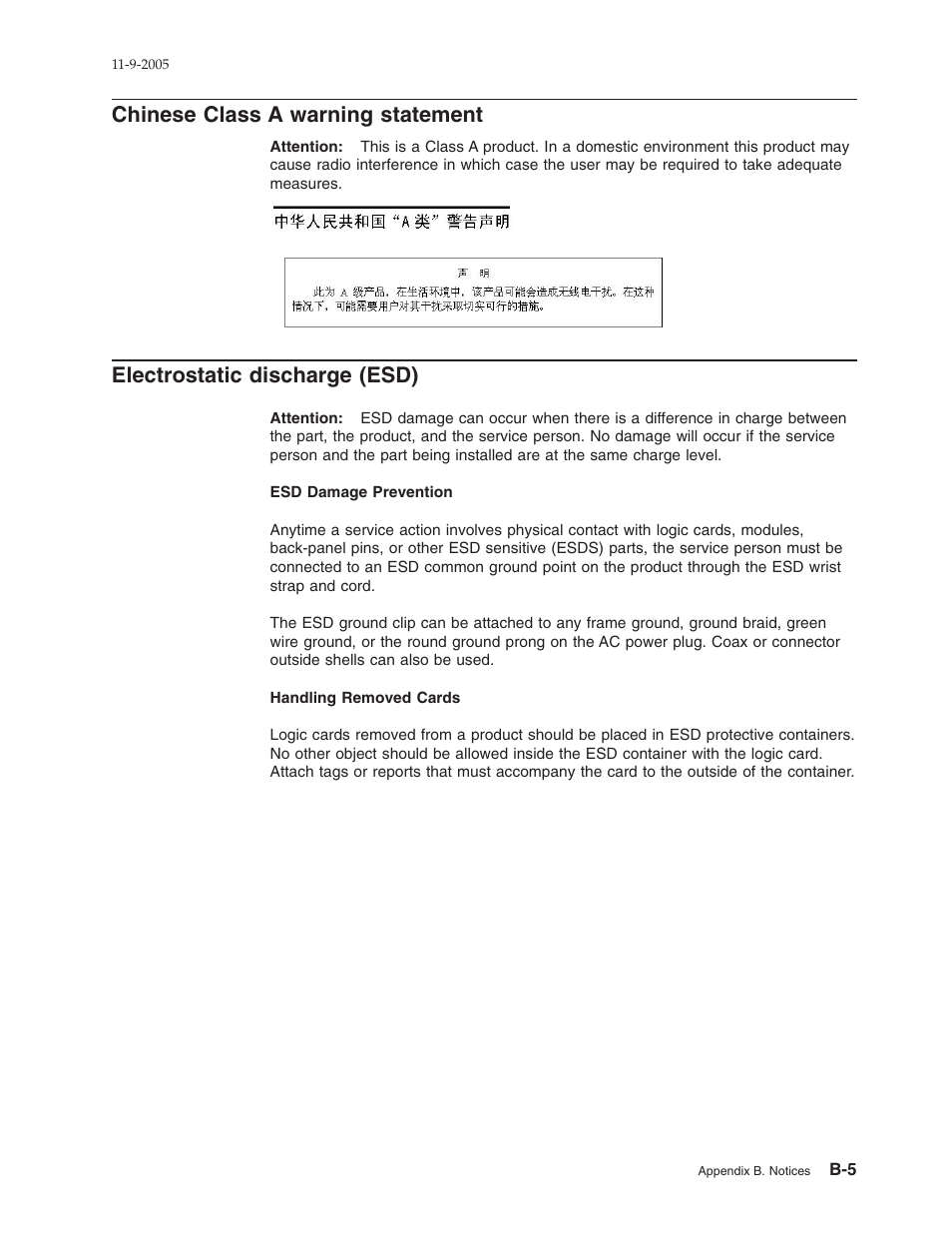 Chinese class a warning statement, Electrostatic discharge (esd), Chinese | Class, Warning, Statement, Electrostatic, Discharge, Esd) | IBM 32x User Manual | Page 53 / 68