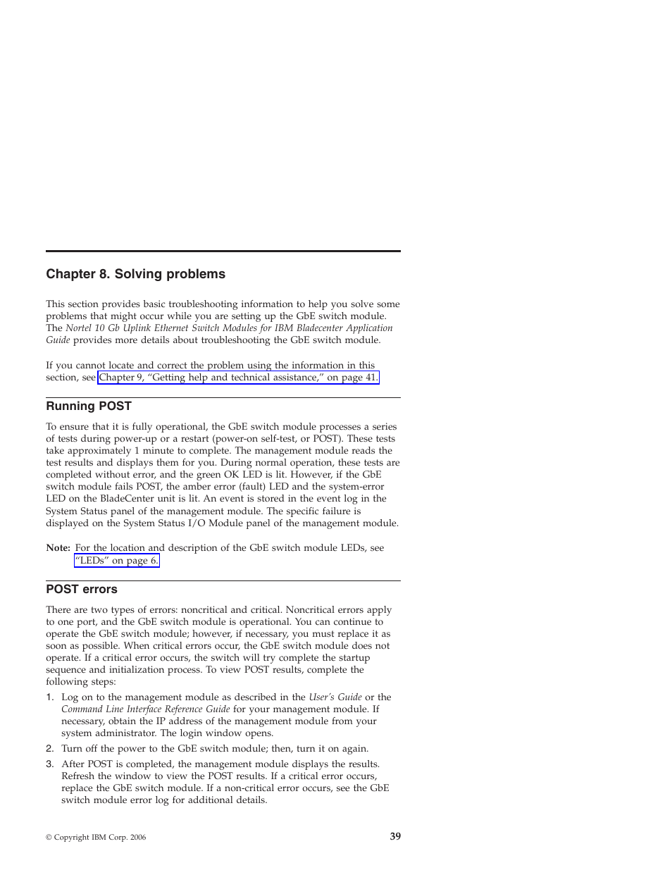 Chapter 8. solving problems, Running post, Post errors | Chapter, Solving, Problems, Running, Post, Errors | IBM Nortel 10 User Manual | Page 49 / 90
