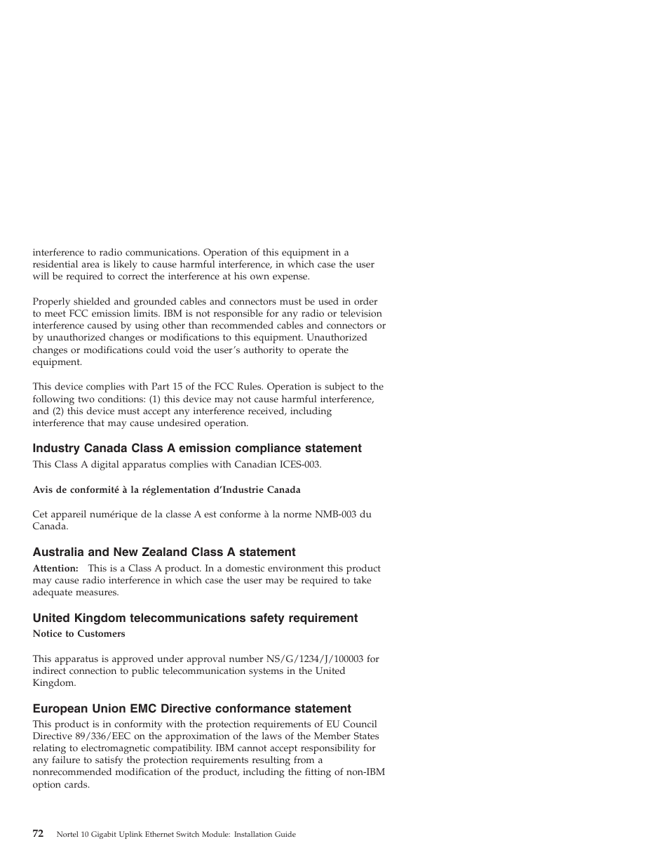 Australia and new zealand class a statement, European union emc directive conformance statement, Industry | Canada, Class, Emission, Compliance, Statement, Australia, Zealand | IBM Nortel 10 User Manual | Page 82 / 90