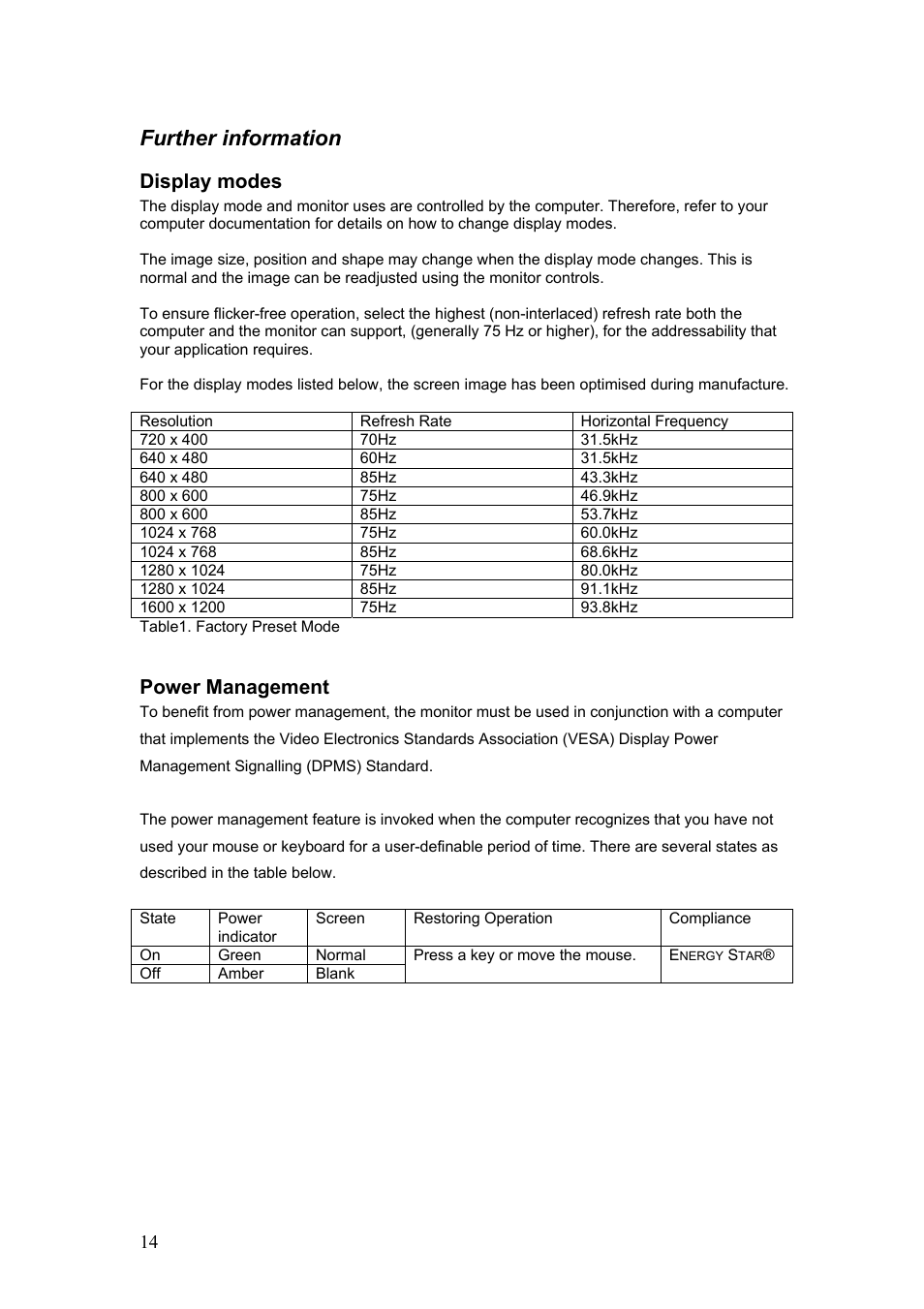 Further information, Display modes, Power management | IBM C190 User Manual | Page 15 / 22
