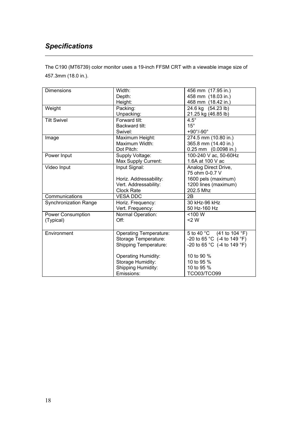 Specifications | IBM C190 User Manual | Page 19 / 22