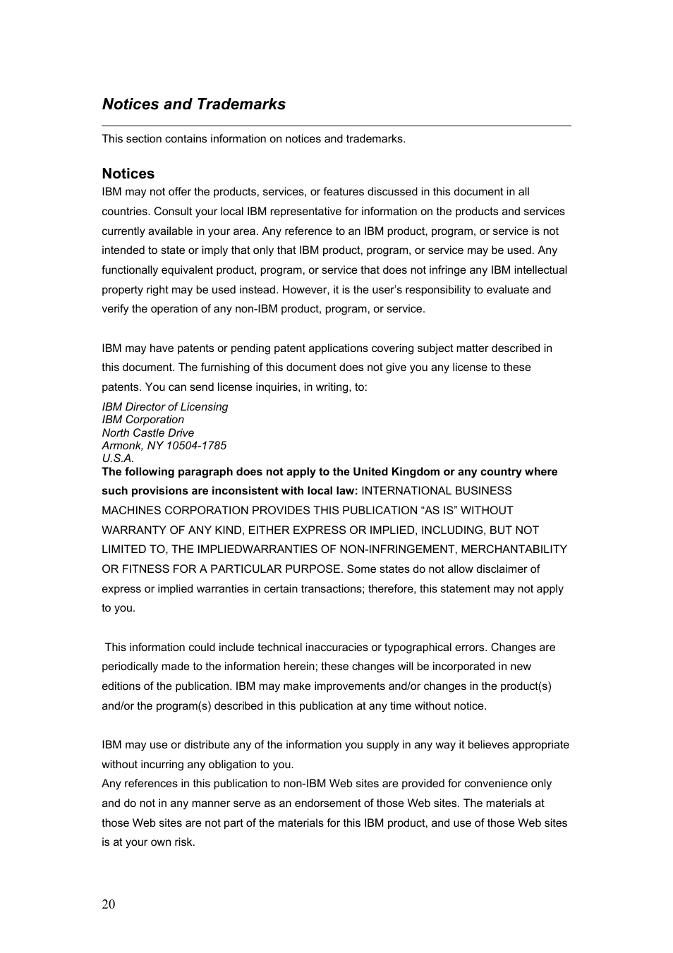 Notices and trademarks, Notices | IBM C190 User Manual | Page 21 / 22