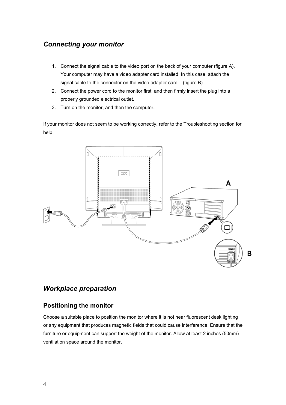 Connecting your monitor, Workplace preparation | IBM C190 User Manual | Page 5 / 22