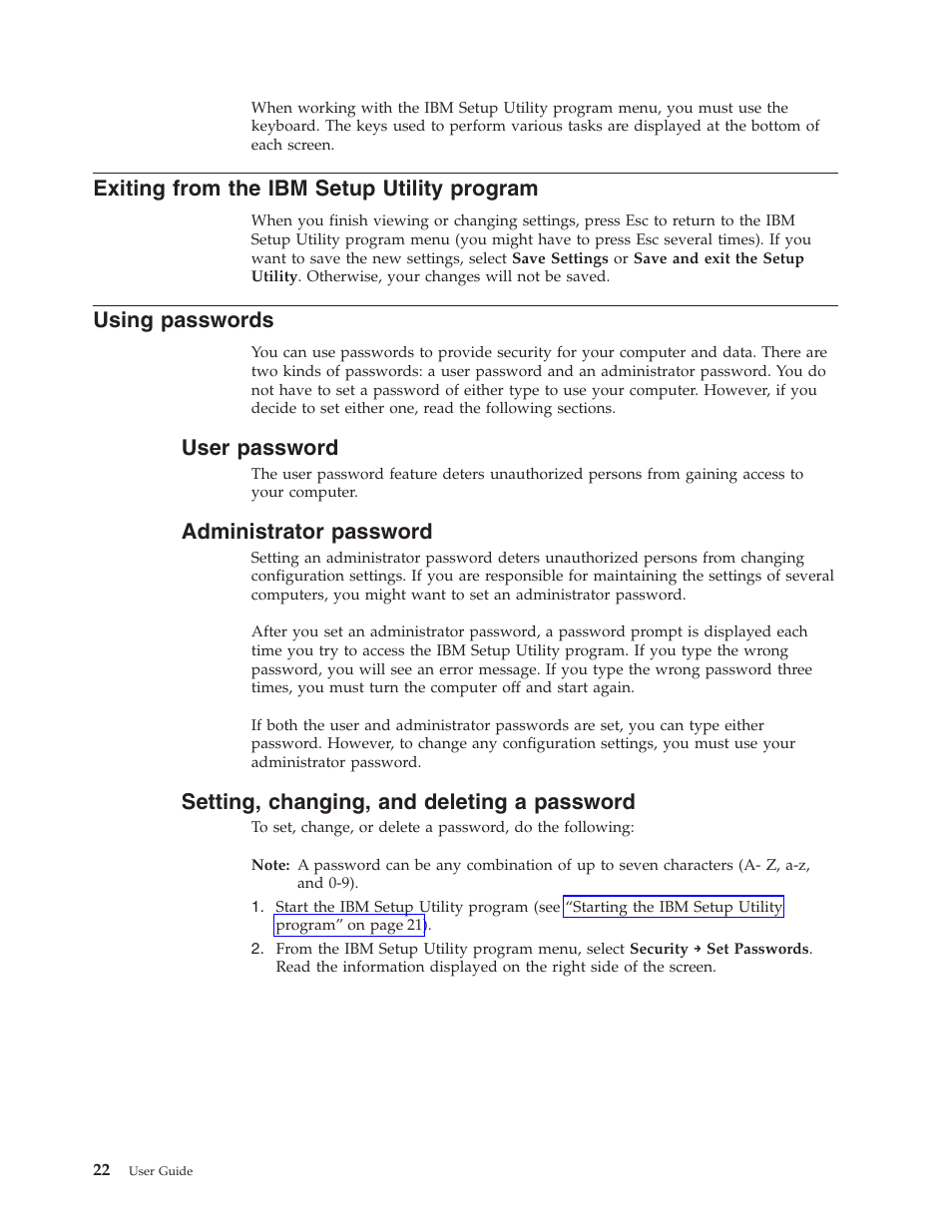 Exiting from the ibm setup utility program, Using passwords, User password | Administrator password, Setting, changing, and deleting a password | IBM NETVISTA 8318 User Manual | Page 34 / 52