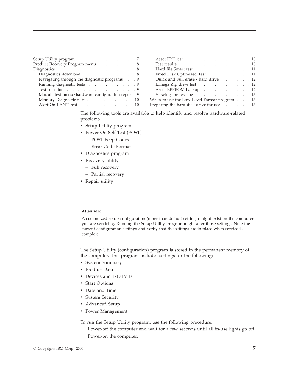 Chapter 3. diagnostics, Setup utility program, Setup | Utility, Program | IBM A40 TYPE 6840 User Manual | Page 13 / 148