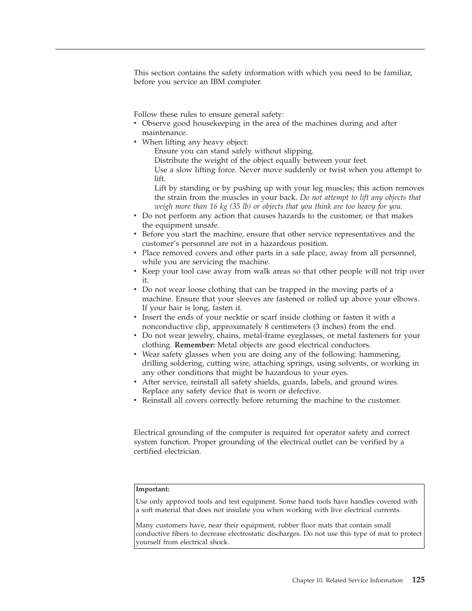 Safety information, General safety, Grounding requirements | Electrical safety, Safety, Information, General, Grounding, Requirements, Electrical | IBM A40 TYPE 6840 User Manual | Page 131 / 148