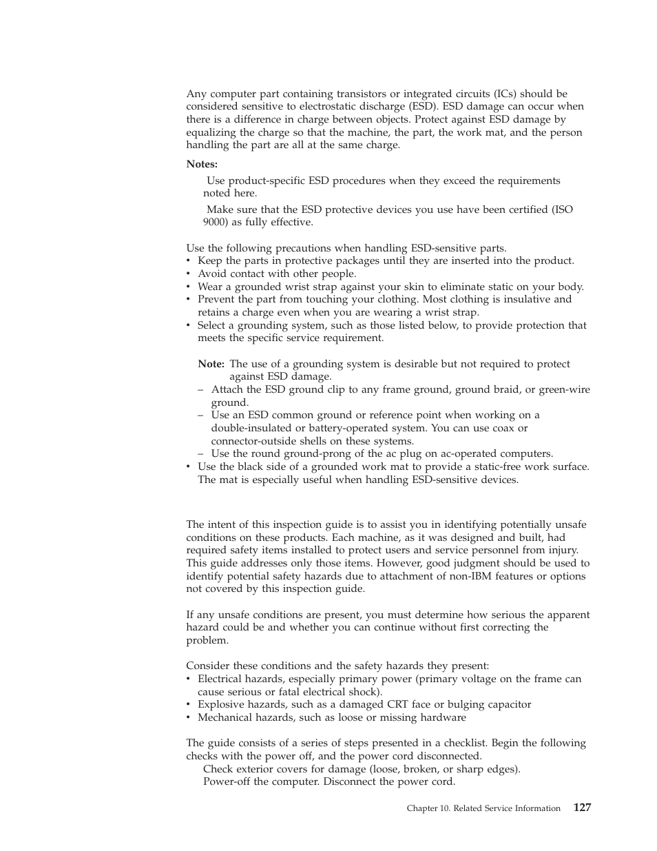 Handling electrostatic discharge-sensitive devices, Safety inspection guide, Safety | Inspection, Guide | IBM A40 TYPE 6840 User Manual | Page 133 / 148