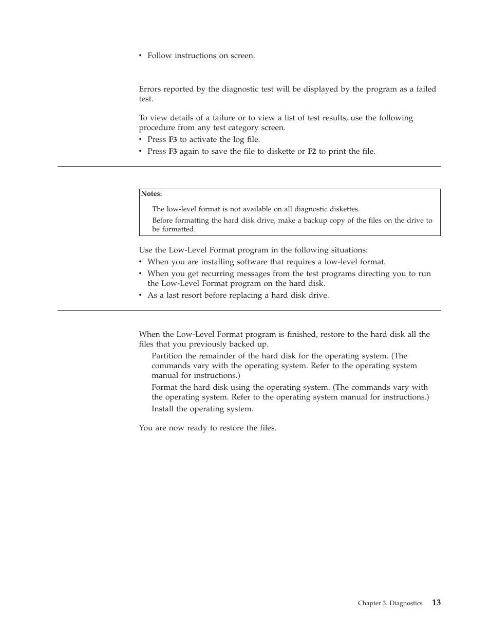 Viewing the test log, When to use the low-level format program, Preparing the hard disk drive for use | Viewing, Test | IBM A40 TYPE 6840 User Manual | Page 19 / 148