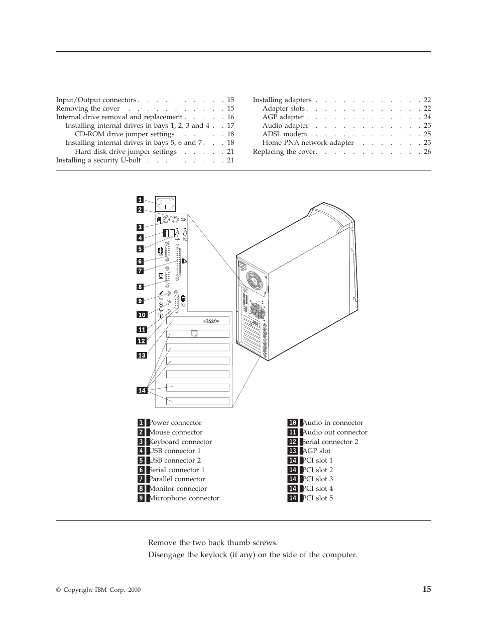 Chapter 4. installing options, Input/output connectors, Removing the cover | Input/output, Connectors, Removing, Cover | IBM A40 TYPE 6840 User Manual | Page 21 / 148