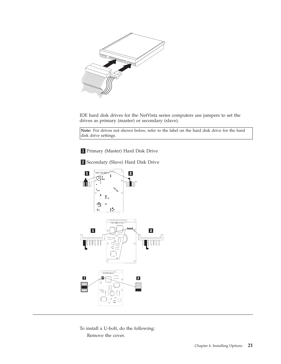 Hard disk drive jumper settings, Installing a security u-bolt, Installing | Security, U-bolt | IBM A40 TYPE 6840 User Manual | Page 27 / 148