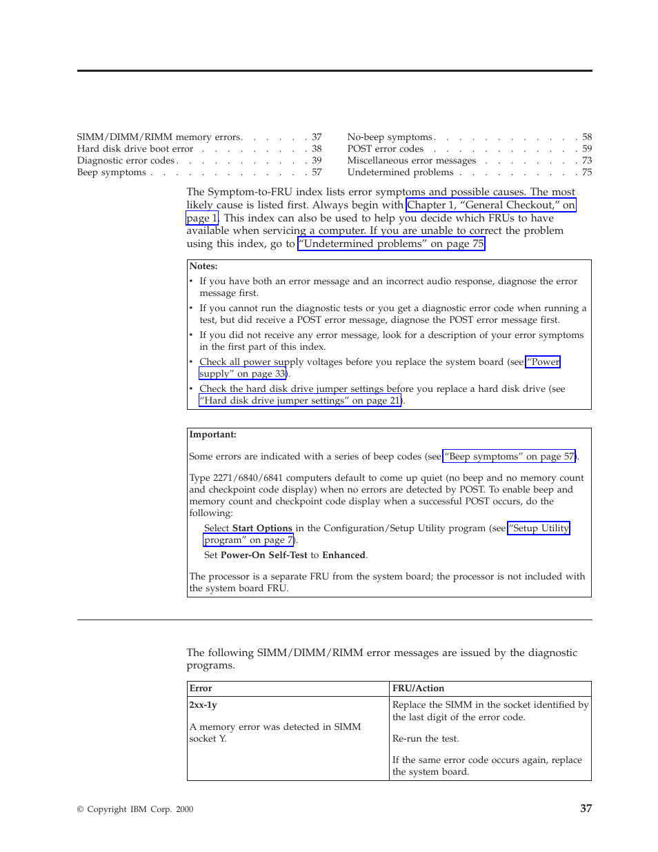 Chapter 6. symptom-to-fru index, Simm/dimm/rimm memory errors, Simm/dimm/rimm | Memory, Errors | IBM A40 TYPE 6840 User Manual | Page 43 / 148
