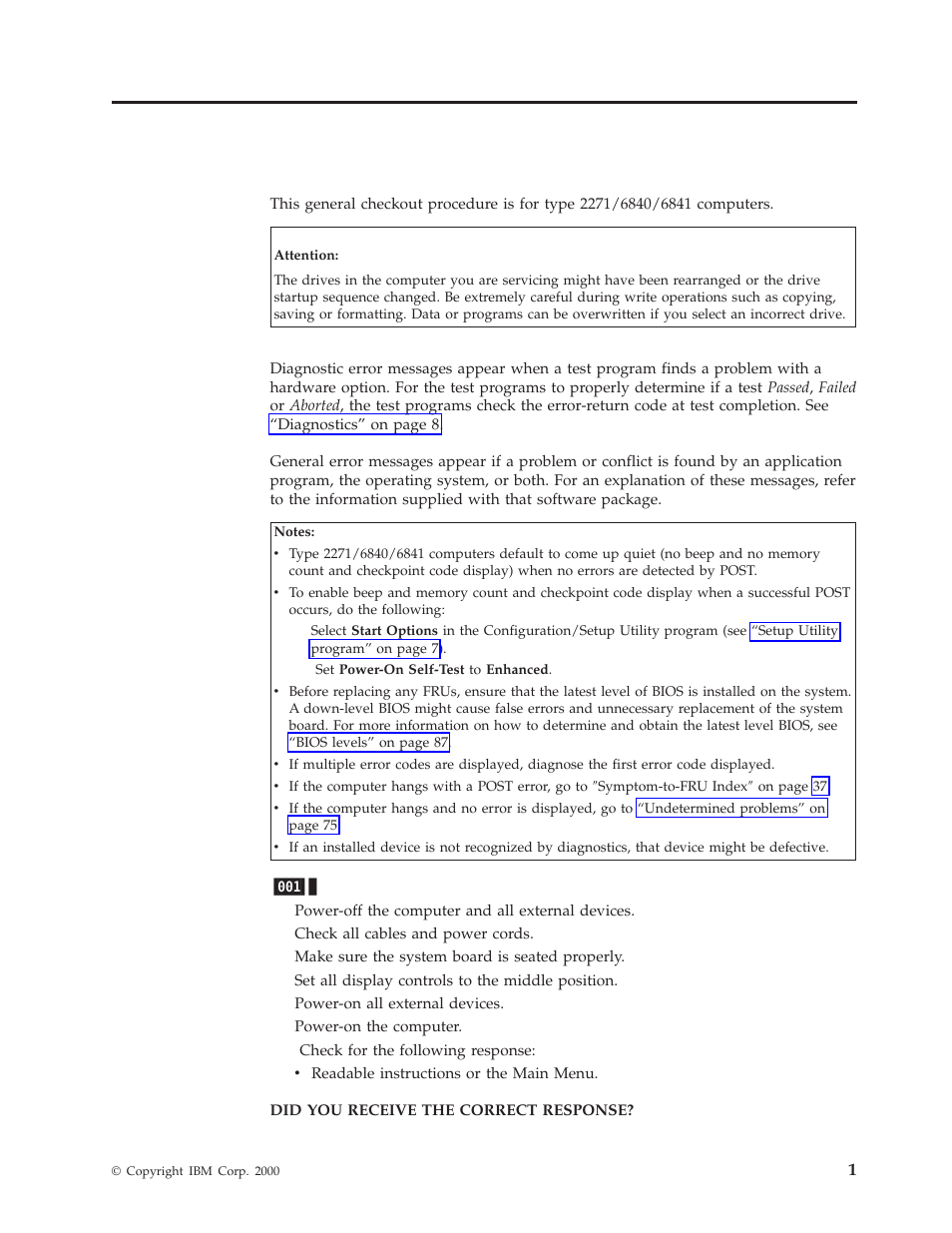 Chapter 1. general checkout, Chapter, General | Checkout | IBM A40 TYPE 6840 User Manual | Page 7 / 148