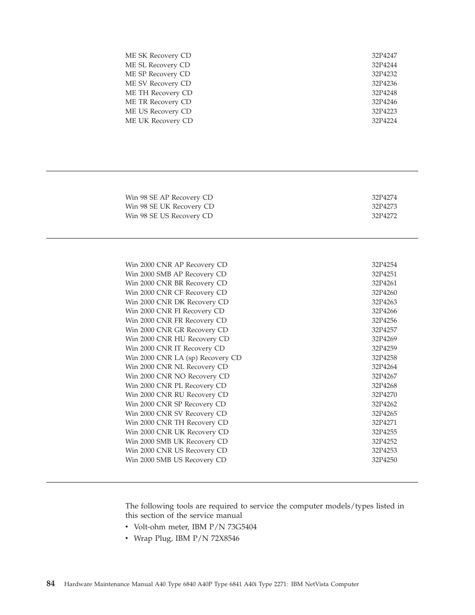 Recovery cds win 98 machine - type 6840, 6841, Recovery cds win 2000 - machine type 6840, 6841, Special tools | Tools | IBM A40 TYPE 6840 User Manual | Page 90 / 148