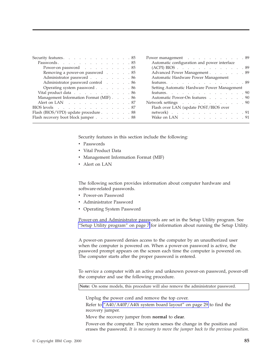 Chapter 8. additional service information, Security features, Passwords | Power-on password, Removing a power-on password, Security, Features, Power-on, Password, Removing | IBM A40 TYPE 6840 User Manual | Page 91 / 148
