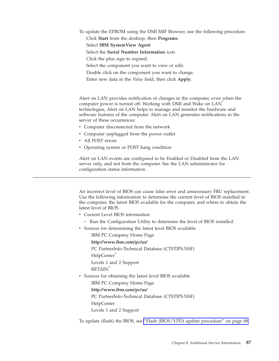 Alert on lan, Bios levels, Alert | Bios, Levels | IBM A40 TYPE 6840 User Manual | Page 93 / 148