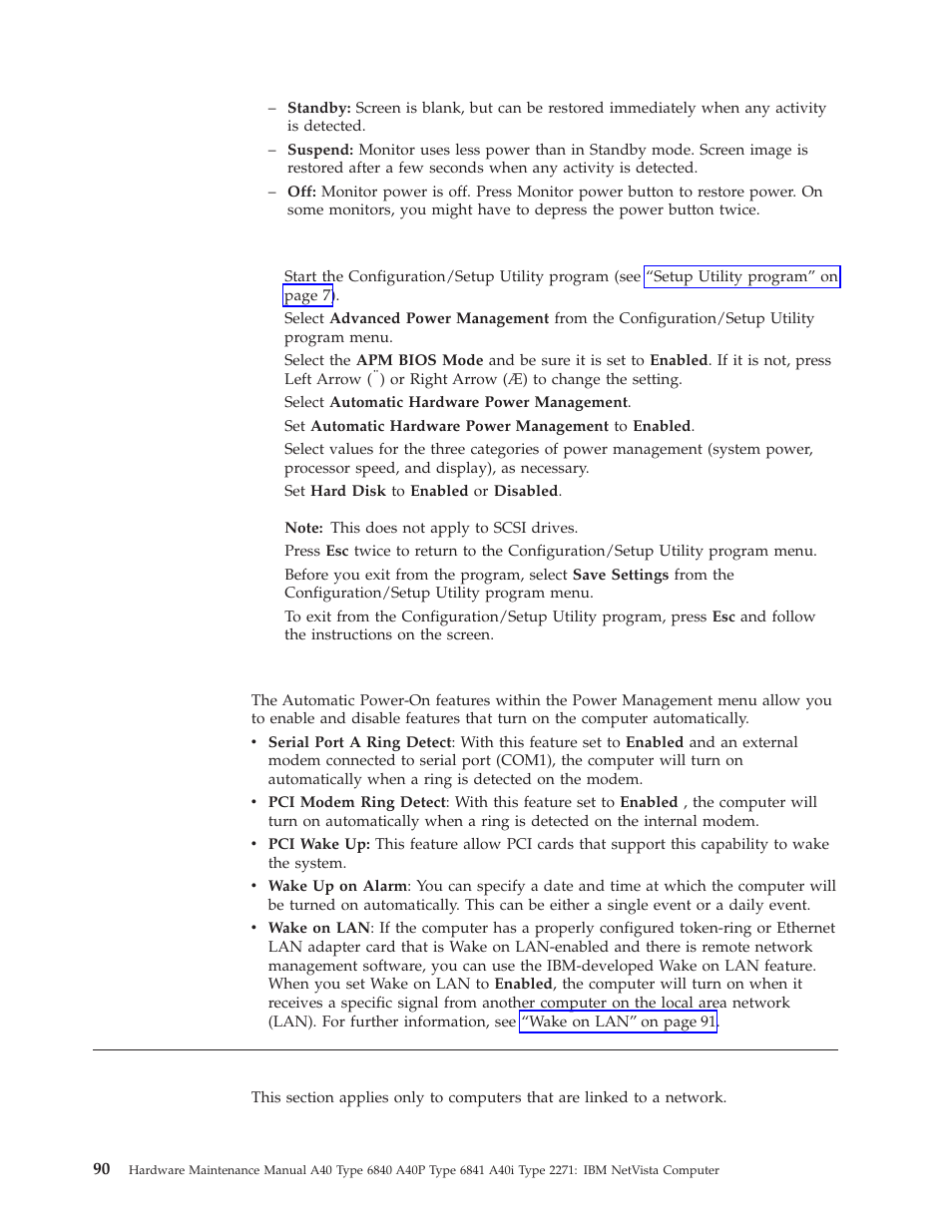 Automatic power-on features, Network settings, Automatic | Power-on, Features, Network, Settings | IBM A40 TYPE 6840 User Manual | Page 96 / 148