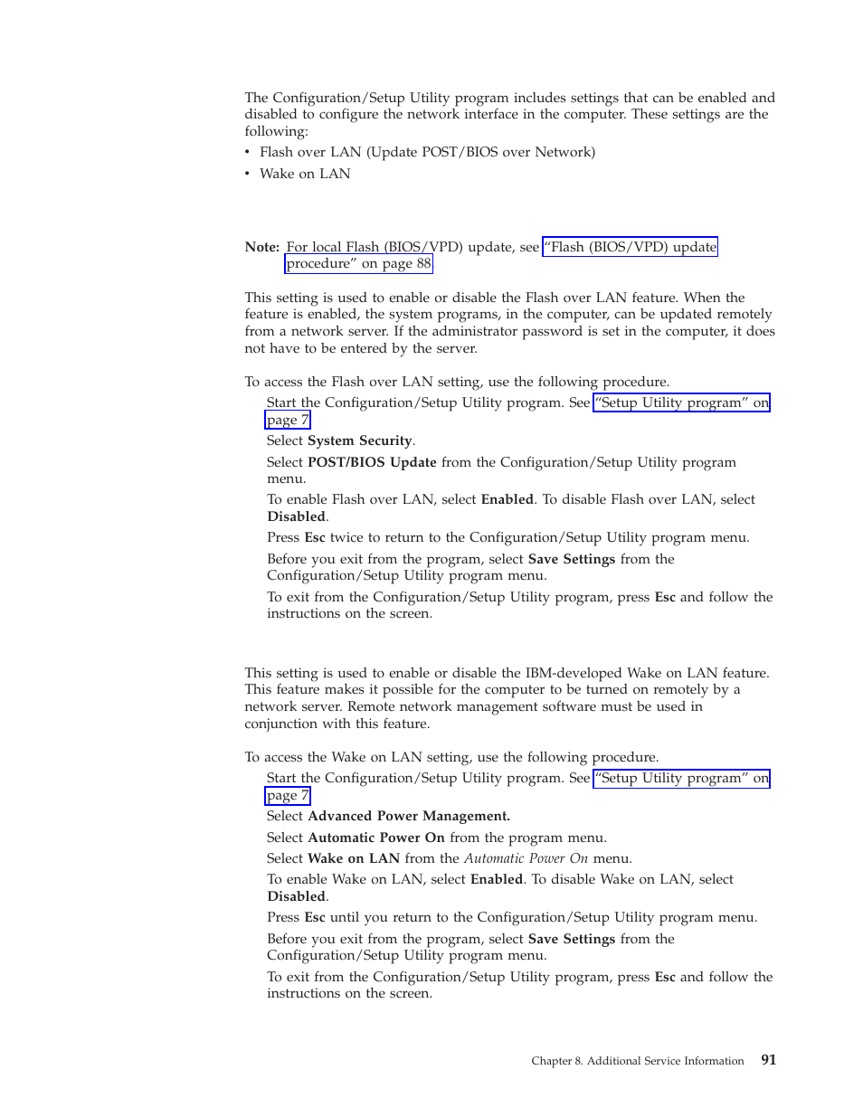 Flash over lan (update post/bios over network), Wake on lan, Wake | IBM A40 TYPE 6840 User Manual | Page 97 / 148
