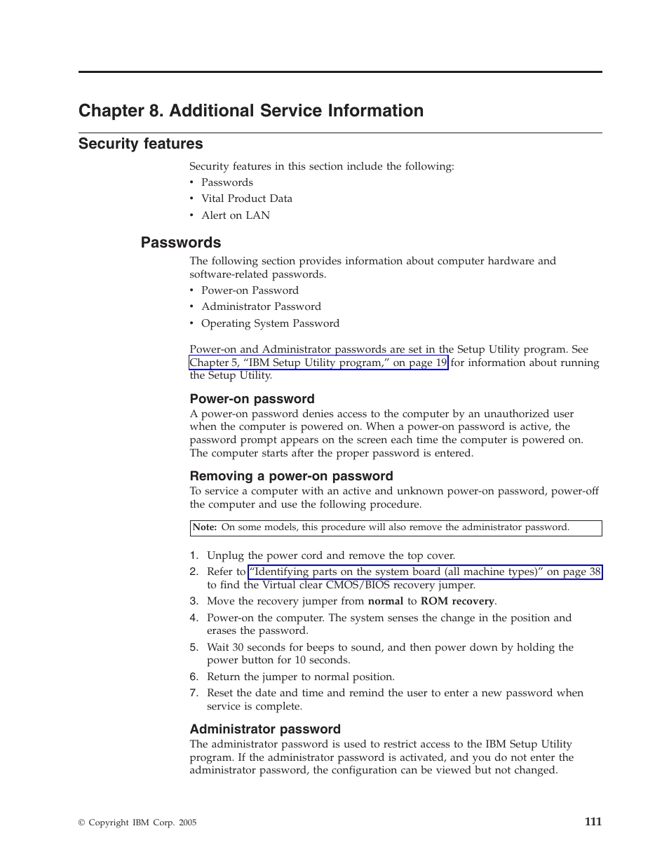Chapter 8. additional service information, Security features, Passwords | Power-on password, Removing a power-on password, Administrator password, Chapter, Additional, Service, Information | IBM THINKCENTER 8189 User Manual | Page 117 / 290
