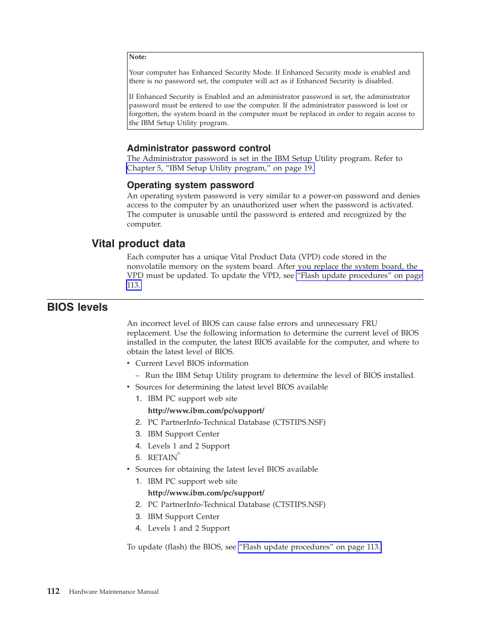 Administrator password control, Operating system password, Vital product data | Bios levels, Vital, Product, Data, Bios, Levels, Administrator | IBM THINKCENTER 8189 User Manual | Page 118 / 290