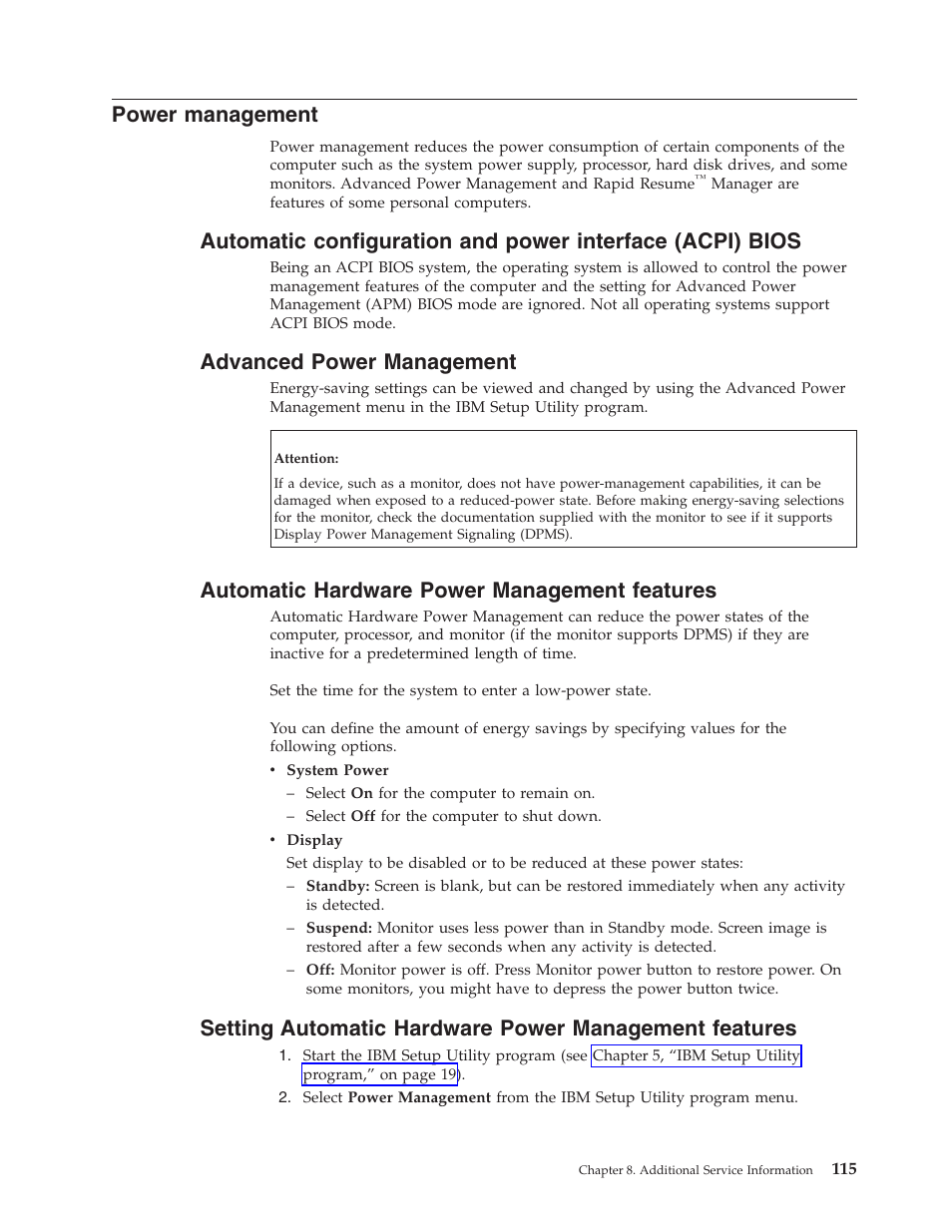 Power management, Advanced power management, Automatic hardware power management features | Power, Management, Automatic, Configuration, Interface, Acpi), Bios | IBM THINKCENTER 8189 User Manual | Page 121 / 290
