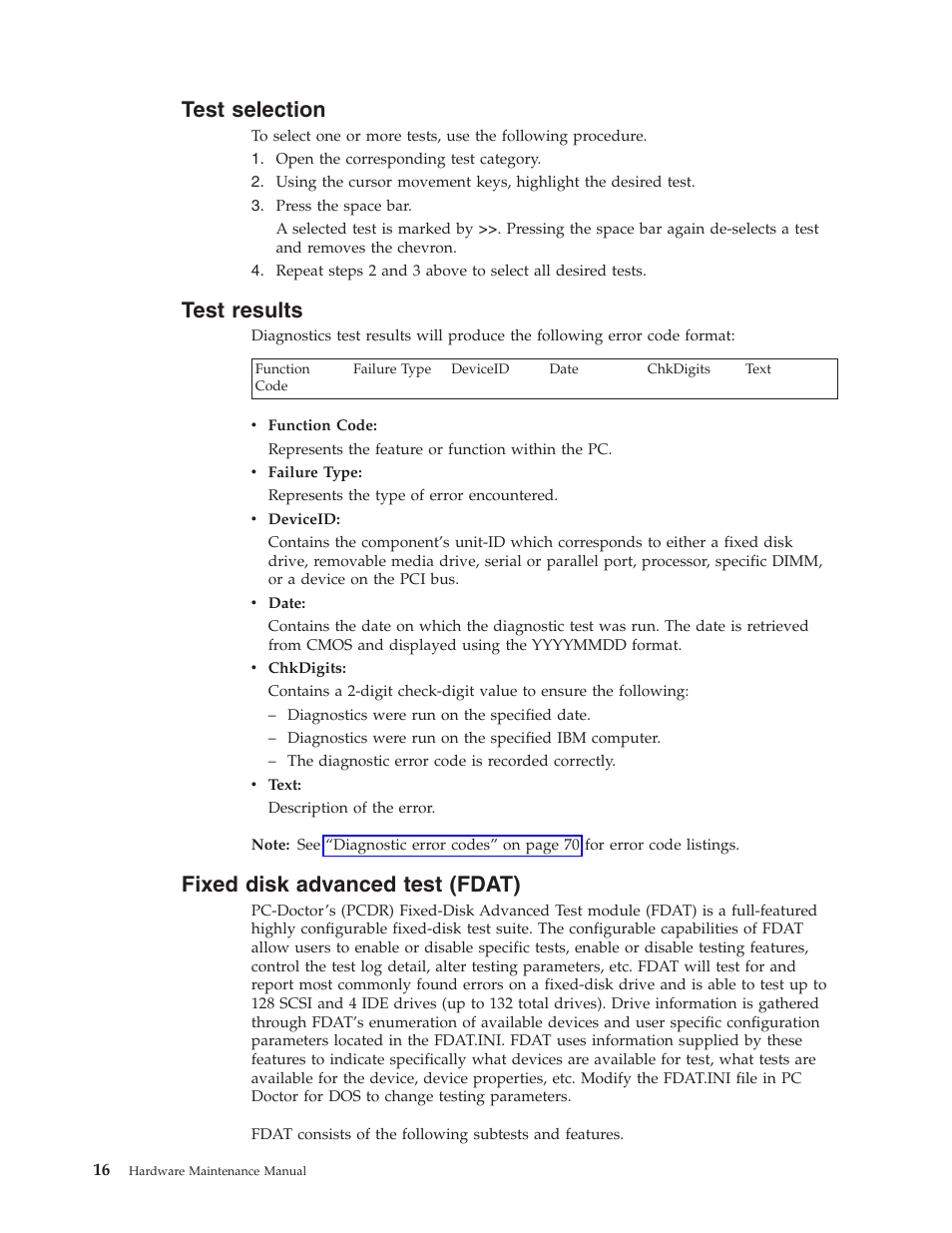 Test selection, Test results, Fixed disk advanced test (fdat) | Test, Selection, Results, Fixed, Disk, Advanced, Fdat) | IBM THINKCENTER 8189 User Manual | Page 22 / 290