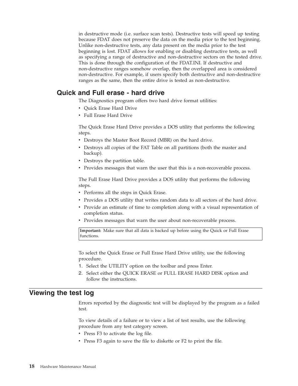 Quick and full erase - hard drive, Viewing the test log, Quick | Full, Erase, Hard, Drive, Viewing, Test | IBM THINKCENTER 8189 User Manual | Page 24 / 290