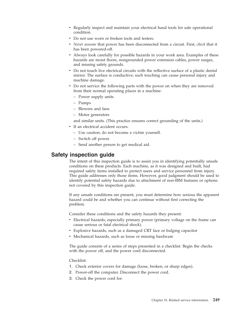 Safety inspection guide, Safety, Inspection | Guide | IBM THINKCENTER 8189 User Manual | Page 255 / 290