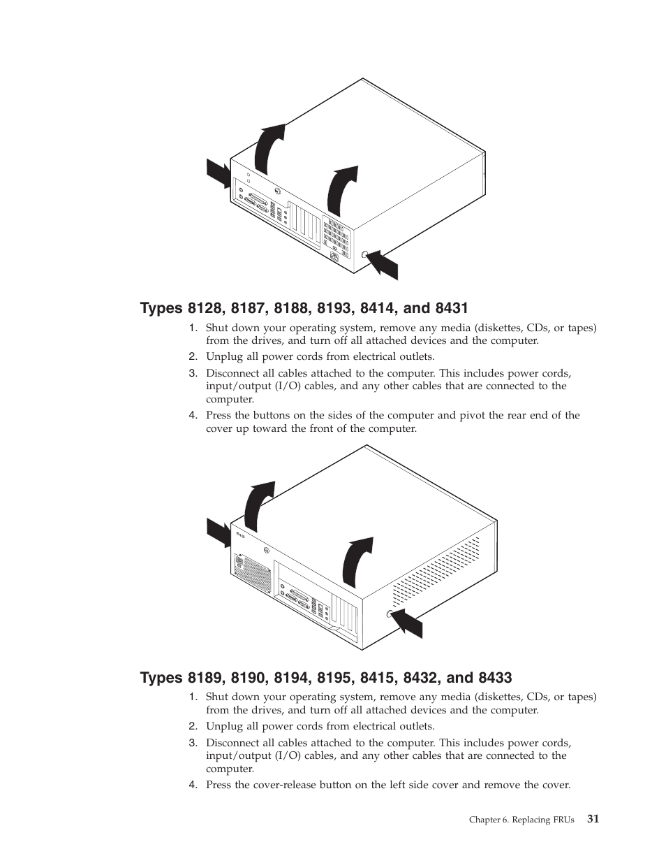 Types 8128, 8187, 8188, 8193, 8414, and 8431, Types 8189, 8190, 8194, 8195, 8415, 8432, and 8433, Types | IBM THINKCENTER 8189 User Manual | Page 37 / 290