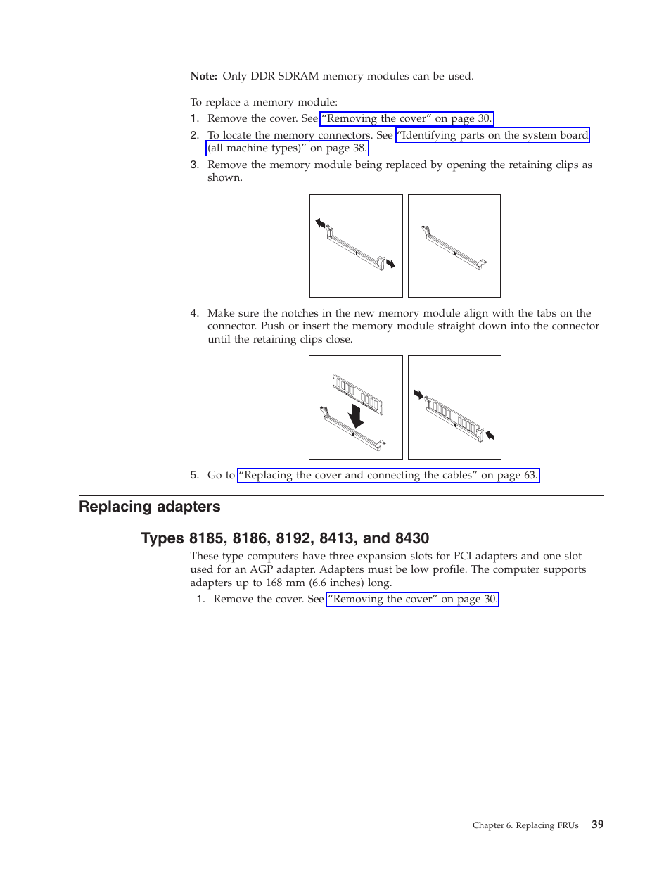 Replacing adapters, Types 8185, 8186, 8192, 8413, and 8430, Replacing | Adapters, Types | IBM THINKCENTER 8189 User Manual | Page 45 / 290
