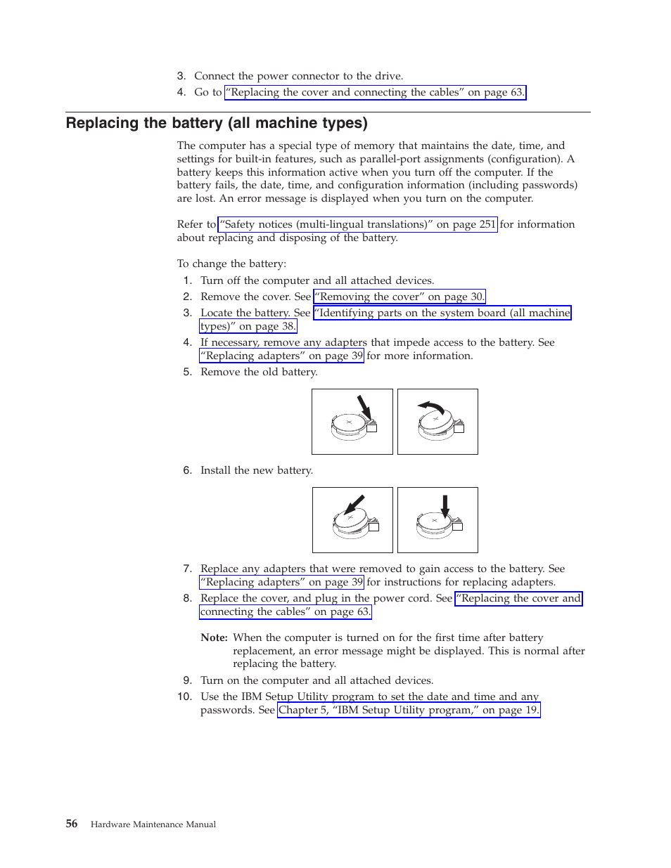 Replacing the battery (all machine types), Replacing, Battery | Machine, Types) | IBM THINKCENTER 8189 User Manual | Page 62 / 290