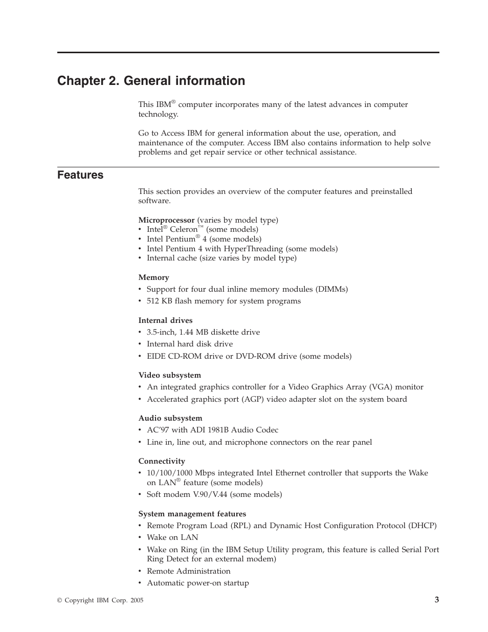 Chapter 2. general information, Features, Chapter | General, Information | IBM THINKCENTER 8189 User Manual | Page 9 / 290