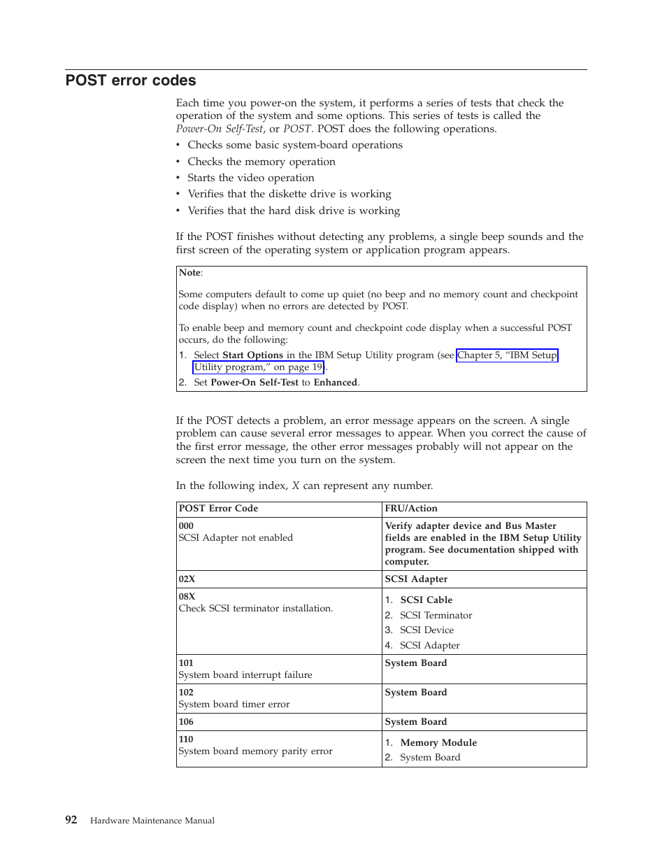 Post error codes, Post, Error | Codes | IBM THINKCENTER 8189 User Manual | Page 98 / 290